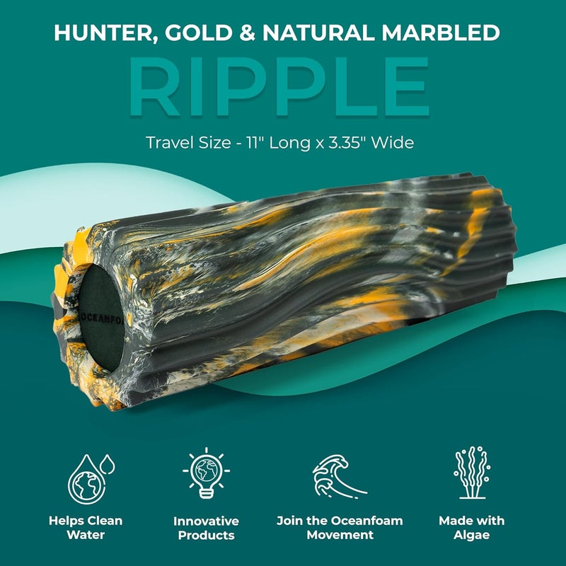 Oceanfoam Ripple Travel Foam Roller (11" x 3.35") Firm Mini Foam Roller for Physical Therapy, Deep Tissue Massage, Back Pain - High Density, Wave Textured - Yoga (Hunter, Gold & Natural Marbled) - Image 4